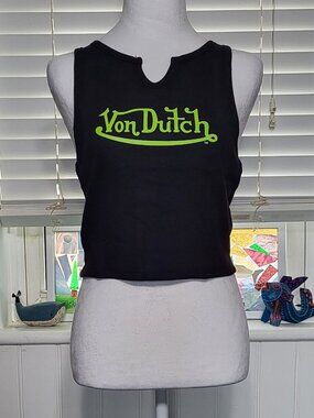 Von Dutch Black Ribbed Notch Neck Crop Tank Top
